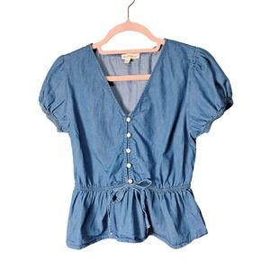 Derek‎ Heart Women's Blue Chambray Peplum Top Short Puff Sleeves Blouse, Size M